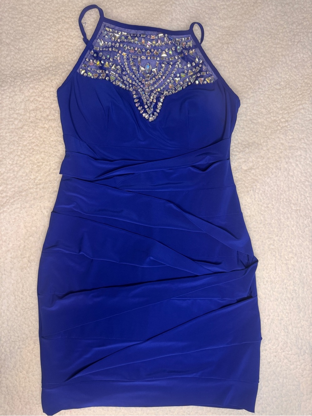 B Darlin Royal Blue Jeweled Halter Cocktail Dress